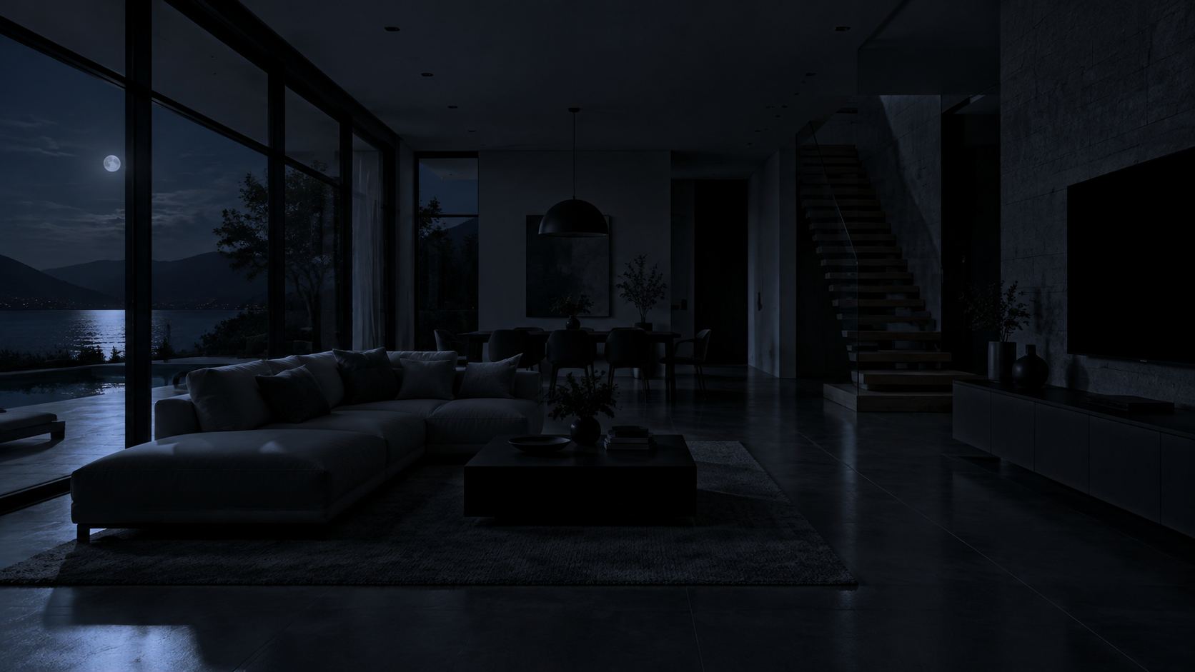 Wohnzimmer bei Nacht, alle Lichter aus (Beispielmotiv)